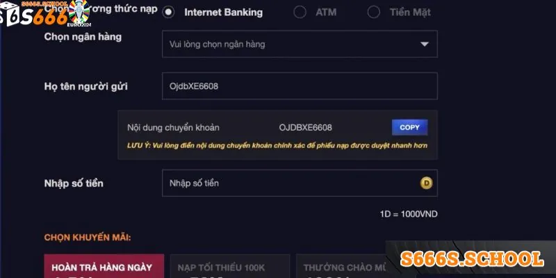 Nạp tiền S666 qua hình thức ngân hàng